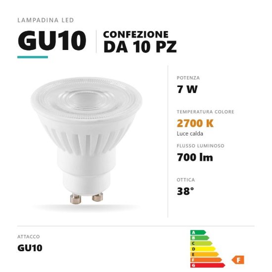 Lampadina gu10 led 7w a faretto 2700k ottica 38° dimmerabile bianco confezione 10 pezzi gea luce