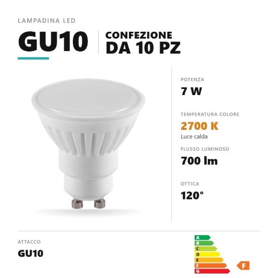 Lampadina gu10 led 7w a faretto 2700k ottica 120° dimmerabile bianco confezione 10 pezzi gea luce