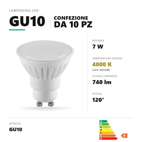Lampadina gu10 led 7w a faretto 4000k ottica 120° dimmerabile bianco confezione 10 pezzi gea luce