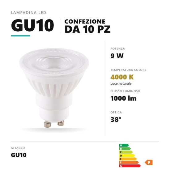 Lampadina gu10 led 9w a faretto 4000k ottica 38° bianco confezione 10 pezzi gea luce