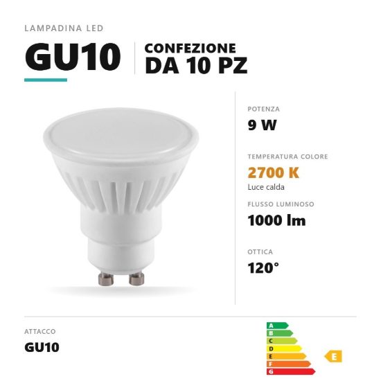 Lampadina gu10 led 9w a faretto 2700k ottica 120° bianco confezione 10 pezzi gea luce