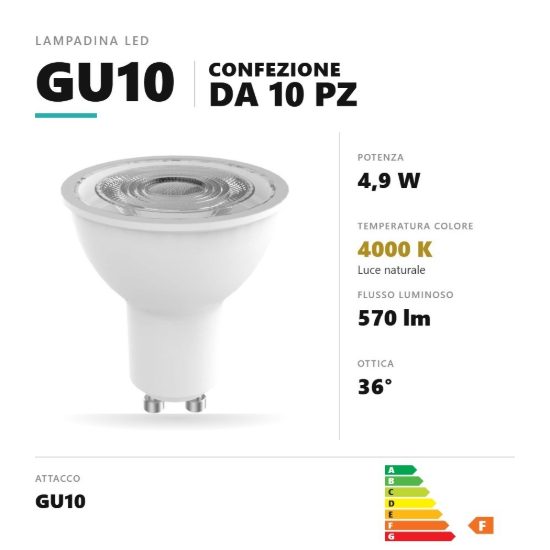 Lampadina gu10 led 4,9w a faretto 4000k ottica 36° dimmerabile bianco confezione 10 pezzi gea luce