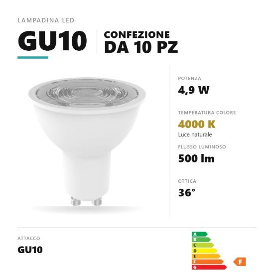 Lampadina gu10 led 4,9w a faretto 4000k ottica 36° bianco confezione 10 pezzi gea luce