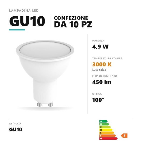 Lampadina gu10 led 4,9w a faretto 3000k ottica 100° bianco confezione 10 pezzi gea luce