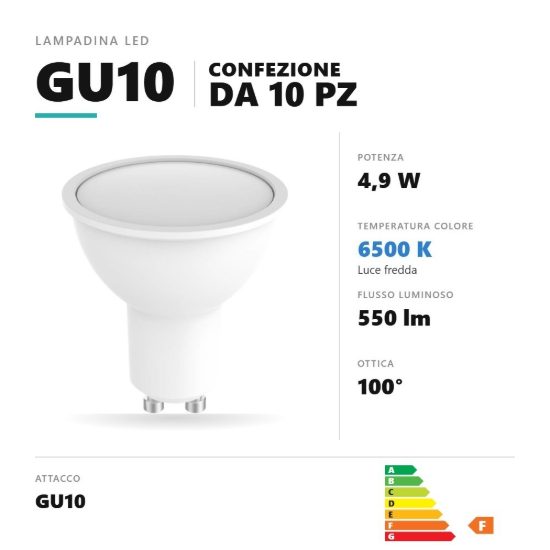 Lampadina gu10 led 4,9w a faretto 6500k ottica 100° bianco confezione 10 pezzi gea luce