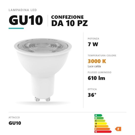 Lampadina gu10 led 7w a faretto 3000k ottica 36° bianco confezione 10 pezzi gea luce