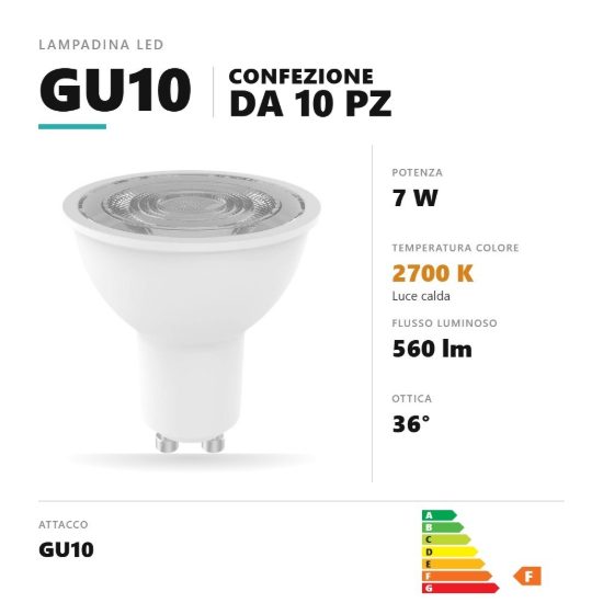 Lampadina gu10 led 7w a faretto 2700k ottica 36° bianco confezione 10 pezzi gea luce