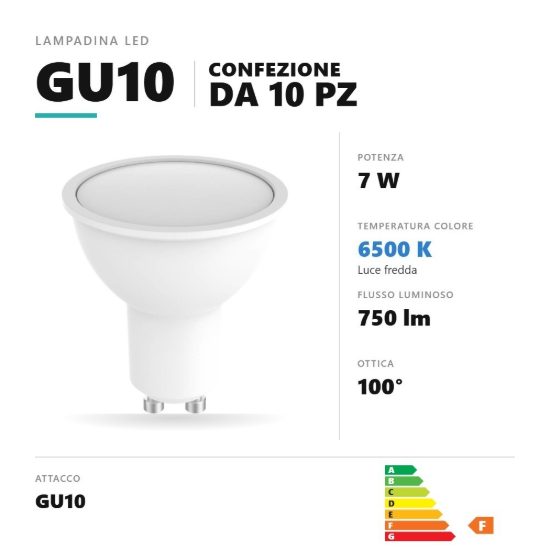 Lampadina gu10 led 7w a faretto 6500k ottica 100° bianco confezione 10 pezzi gea luce