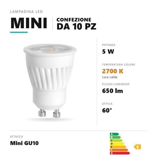 Lampadina mini gu10 led 5w a faretto 2700k ottica 60° bianco confezione 10 pezzi gea luce
