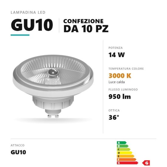 Lampadina gu10 led 14w ar111 3000k ottica 36° bianco confezione 10 pezzi gea luce