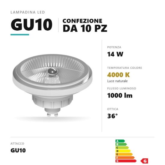 Lampadina gu10 led 14w ar111 4000k ottica 36° bianco confezione 10 pezzi gea luce