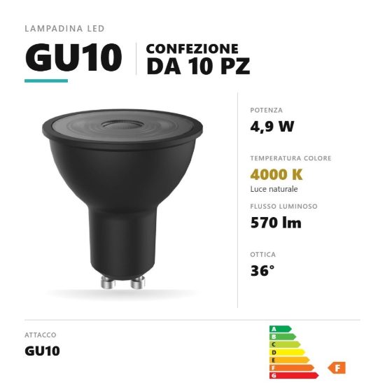 Lampadina gu10 led 4,9w a faretto 4000k ottica 36° dimmerabile nero confezione 10 pezzi gea luce
