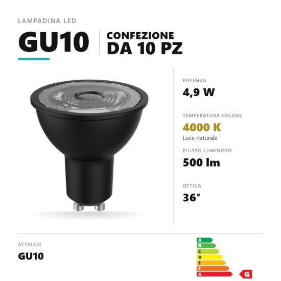 Lampadina gu10 led 4,9w a faretto 4000k ottica 36° nero confezione 10 pezzi gea luce