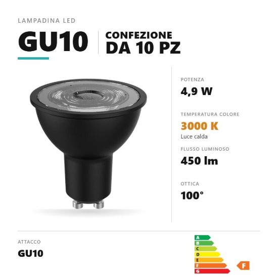 Lampadina gu10 led 4,9w a faretto 3000k ottica 100° nero confezione 10 pezzi gea luce