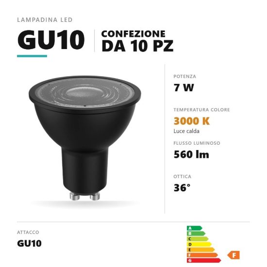 Lampadina gu10 led 7w a faretto 3000k ottica 36° nero confezione 10 pezzi gea luce
