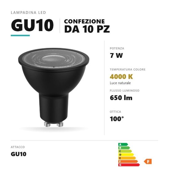 Lampadina gu10 led 7w a faretto 4000k ottica 100° nero confezione 10 pezzi gea luce