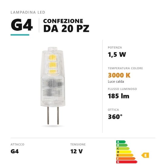 Lampadina g4 led 1,5w a capsula 3000k alluminio confezione 20 pezzi gea luce