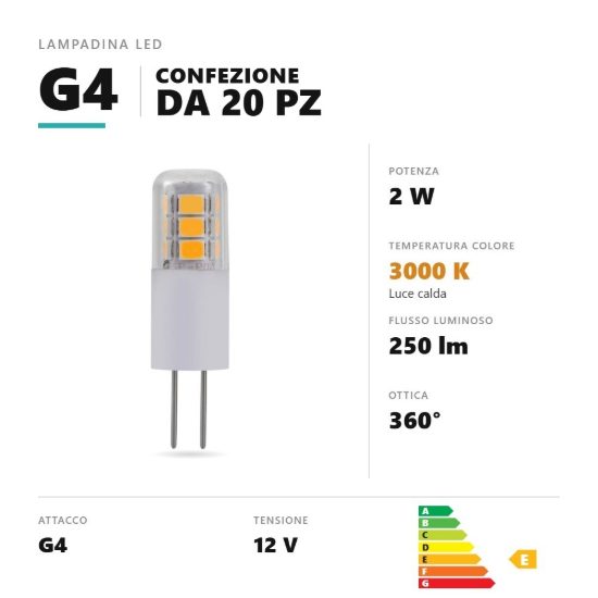 Lampadina g4 led 2w a capsula 3000k bianco confezione 20 pezzi gea luce