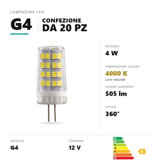 Lampadina g4 led 4w a capsula 4000k bianco confezione 20 pezzi gea luce