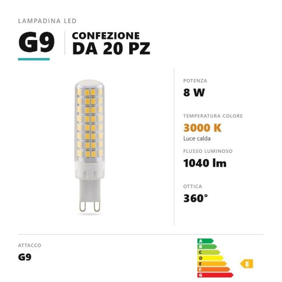 Lampadina g9 led 8w a capsula 3000k 1040lm bianco confezione 20 pezzi gea luce
