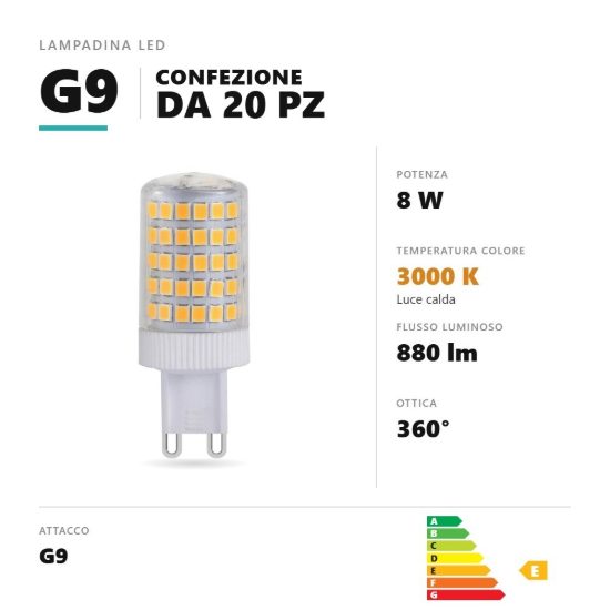 Lampadina g9 led 8w a capsula 3000k 880lm bianco confezione 20 pezzi gea luce