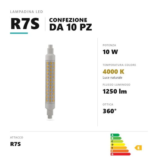 Lampadina r7s led 10w lineare 4000k bianco confezione 10 pezzi gea luce