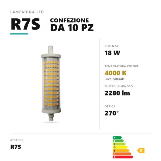 Lampadina r7s led 18w lineare 4000k dimmerabile bianco confezione 10 pezzi gea luce