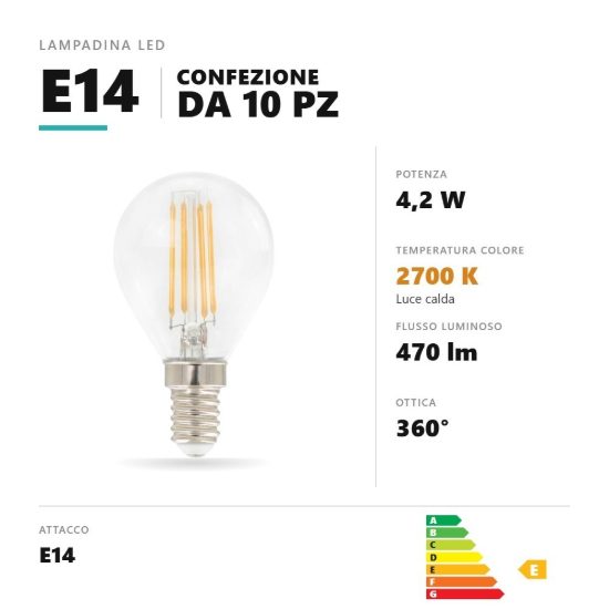 Lampadina e14 led filamento 4,2w a sfera 2700k dimmerabile trasparente confezione 10 pezzi gea luce