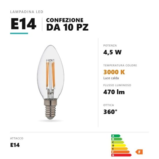 Lampadina e14 led filamento 4,5w a candela 3000k dimmerabile trasparente confezione 10 pezzi gea luce