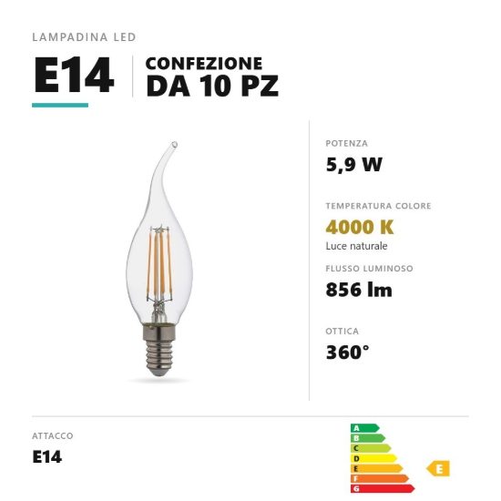 Lampadina e14 led filamento 5,9w colpo di vento 4000k dimmerabile trasparente confezione 10 pezzi gea luce