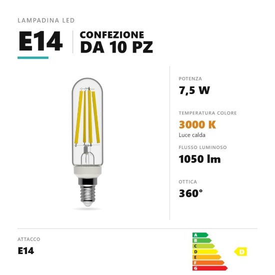 Lampadina e14 led filamento 7,5w tubolare 3000k dimmerabile trasparente confezione 10 pezzi gea luce