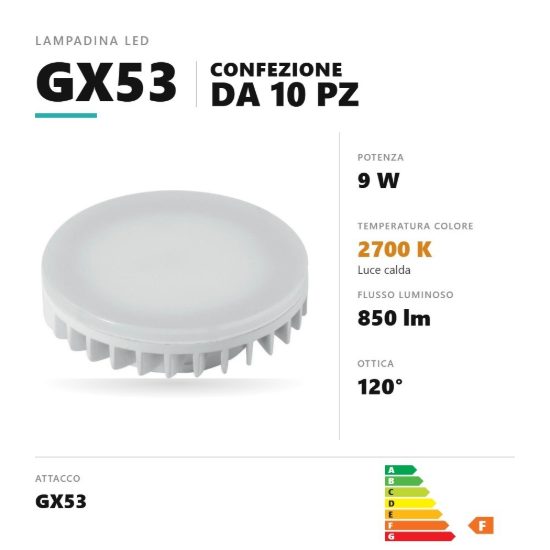 Lampadina gx53 led 9w a disco 2700k bianco confezione 10 pezzi gea luce