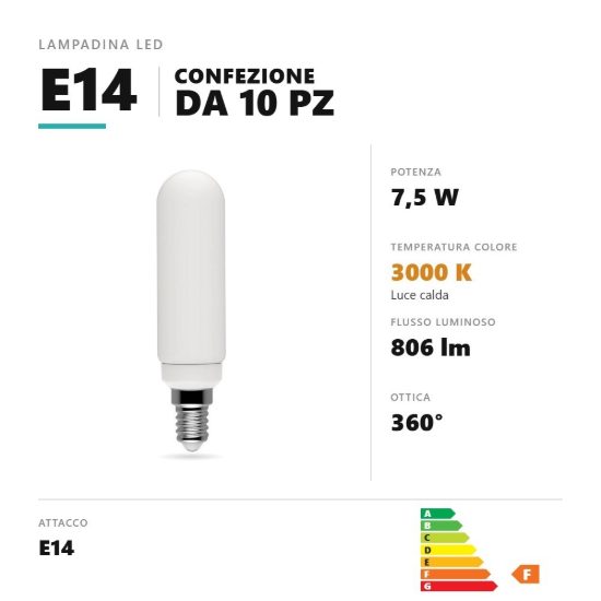 Lampadina e14 led filamento 7,5w tubolare 3000k dimmerabile satinato bianco confezione 10 pezzi gea luce