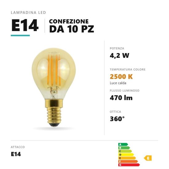 Lampadina e14 led filamento 4,2w a sfera 2500k oro trasparente confezione 10 pezzi gea luce