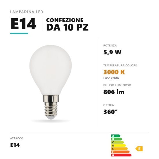 Lampadina e14 led filamento 5,9w a sfera 3000k dimmerabile bianco confezione 10 pezzi gea luce
