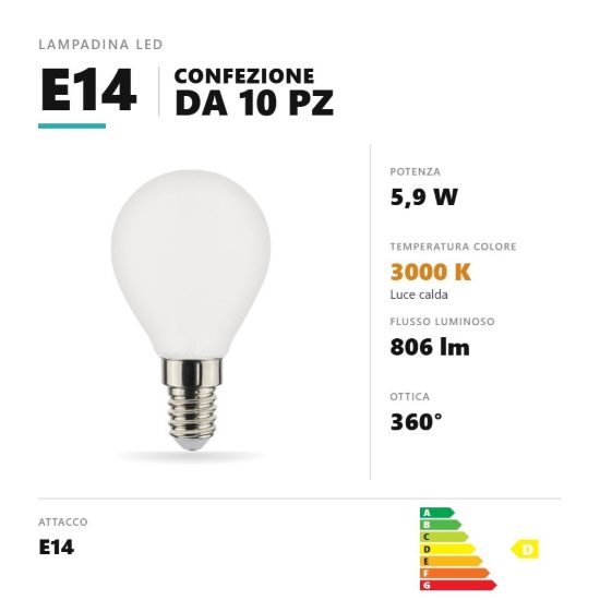 Lampadina e14 led filamento 5,9w a sfera 3000k bianco confezione 10 pezzi gea luce