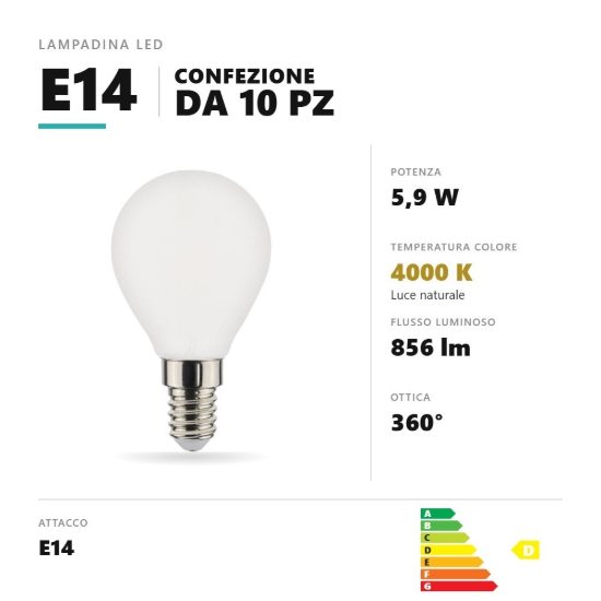 Lampadina e14 led filamento 5,9w a sfera 4000k bianco confezione 10 pezzi gea luce