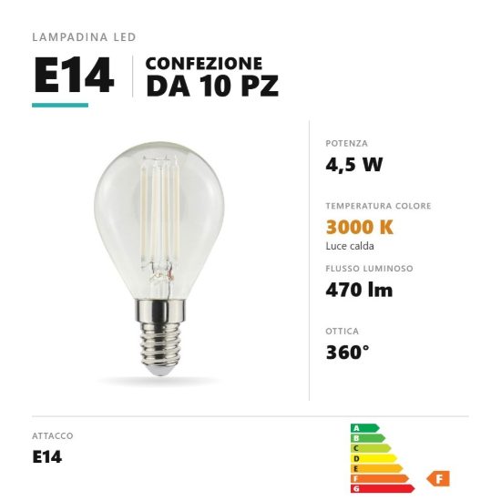 Lampadina e14 led filamento 4,5w a sfera 3000k trasparente confezione 10 pezzi gea luce