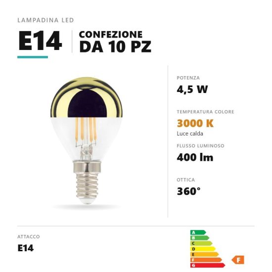 Lampadina e14 led filamento 4,5w a sfera 3000k oro specchiato confezione 10 pezzi gea luce