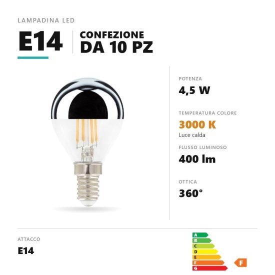 Lampadina e14 led filamento 4,5w a sfera 3000k argento specchiato confezione 10 pezzi gea luce