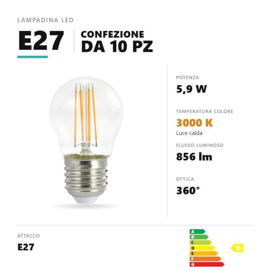 Lampadina e27 led filamento 5,9w a sfera 3000k trasparente confezione 10 pezzi gea luce
