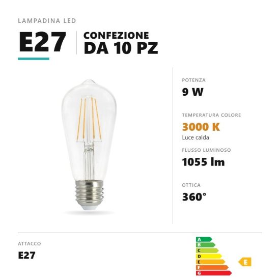 Lampadina e27 led filamento 9w edison 3000k dimmerabile trasparente confezione 10 pezzi gea luce
