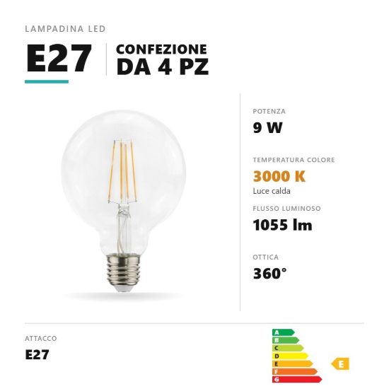Lampadina e27 led filamento 9w a globo g95 3000k dimmerabile trasparente confezione 4 pezzi gea luce