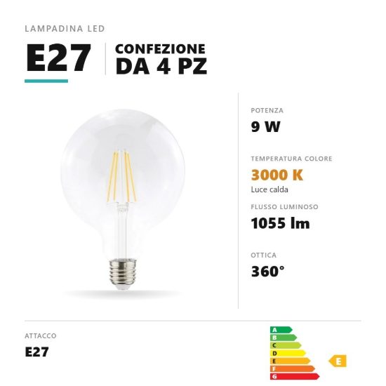 Lampadina e27 led filamento 9w a globo g125 3000k dimmerabile trasparente confezione 4 pezzi gea luce