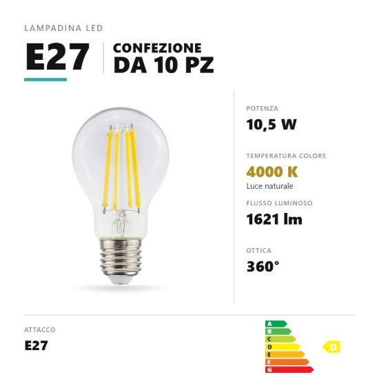 Lampadina e27 led filamento 10,5w a goccia 4000k trasparente confezione 10 pezzi gea luce