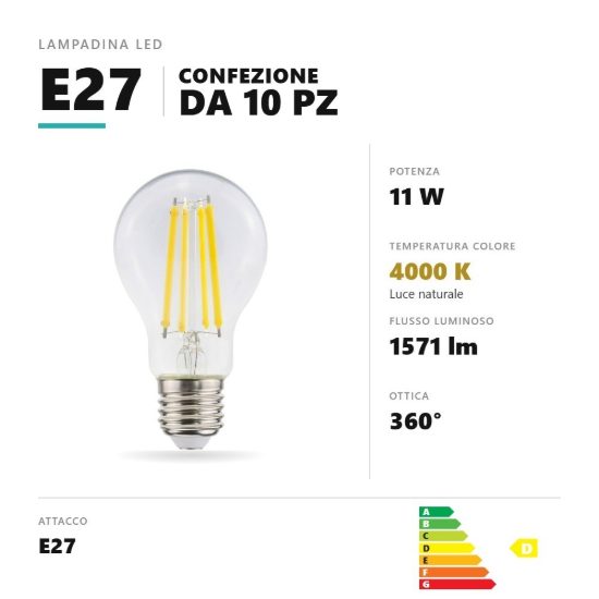 Lampadina e27 led filamento 11w a goccia 4000k dimmerabile trasparente confezione 10 pezzi gea luce