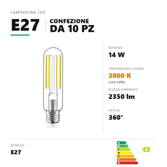 Lampadina e27 led filamento 14w tubolare 3000k dimmerabile trasparente confezione 10 pezzi gea luce