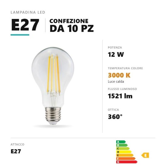 Lampadina e27 led filamento 12w a goccia 3000k trasparente confezione 10 pezzi gea luce