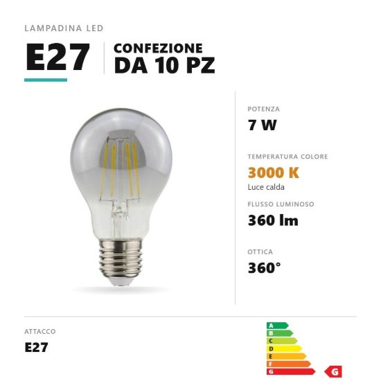 Lampadina e27 led filamento 7w a goccia 3000k fumè trasparente confezione 10 pezzi gea luce