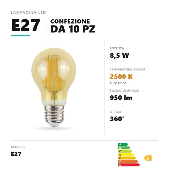 Lampadina e27 led filamento 8,5w a goccia 2500k oro trasparente confezione 10 pezzi gea luce